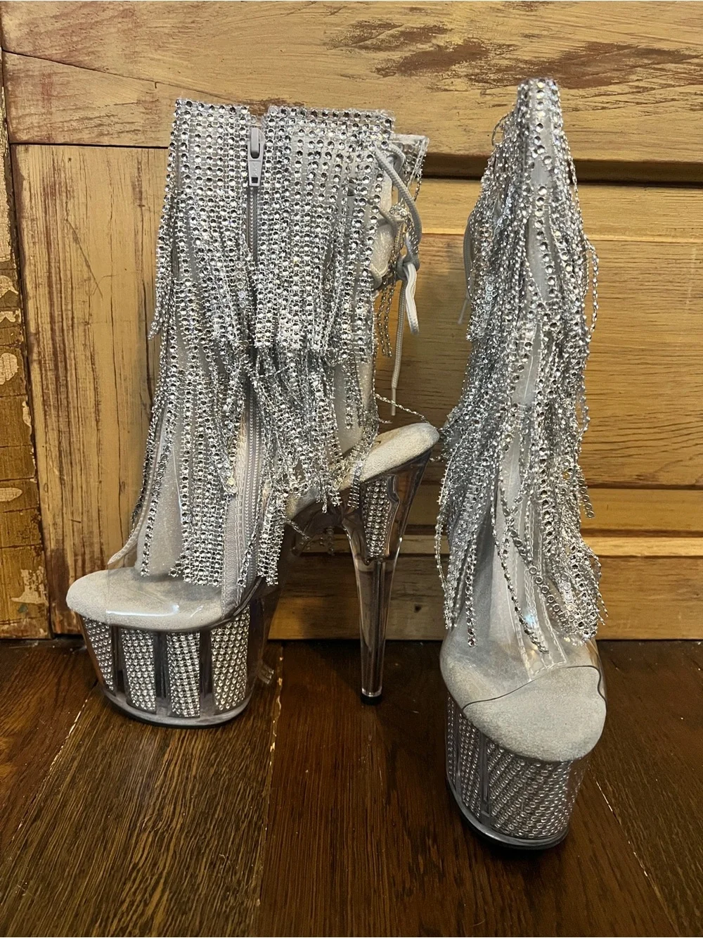 Pleaser Crystal Fringe Platform Heels | Rhinestone Clear Silver | NIB Size 8